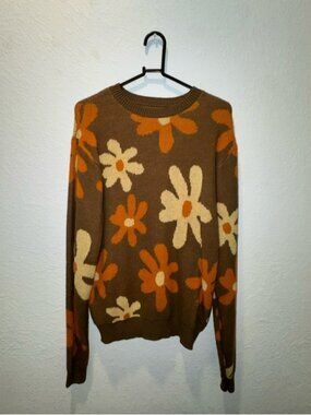 Brown Floral Knit Sweater - Women's Crewneck